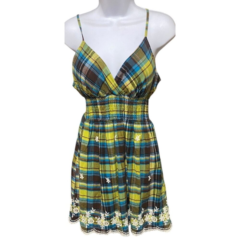 She's Cool Sundress L‎ Short Babydoll Mini Plaid Embroidered Y2K Fairy Boho Fest